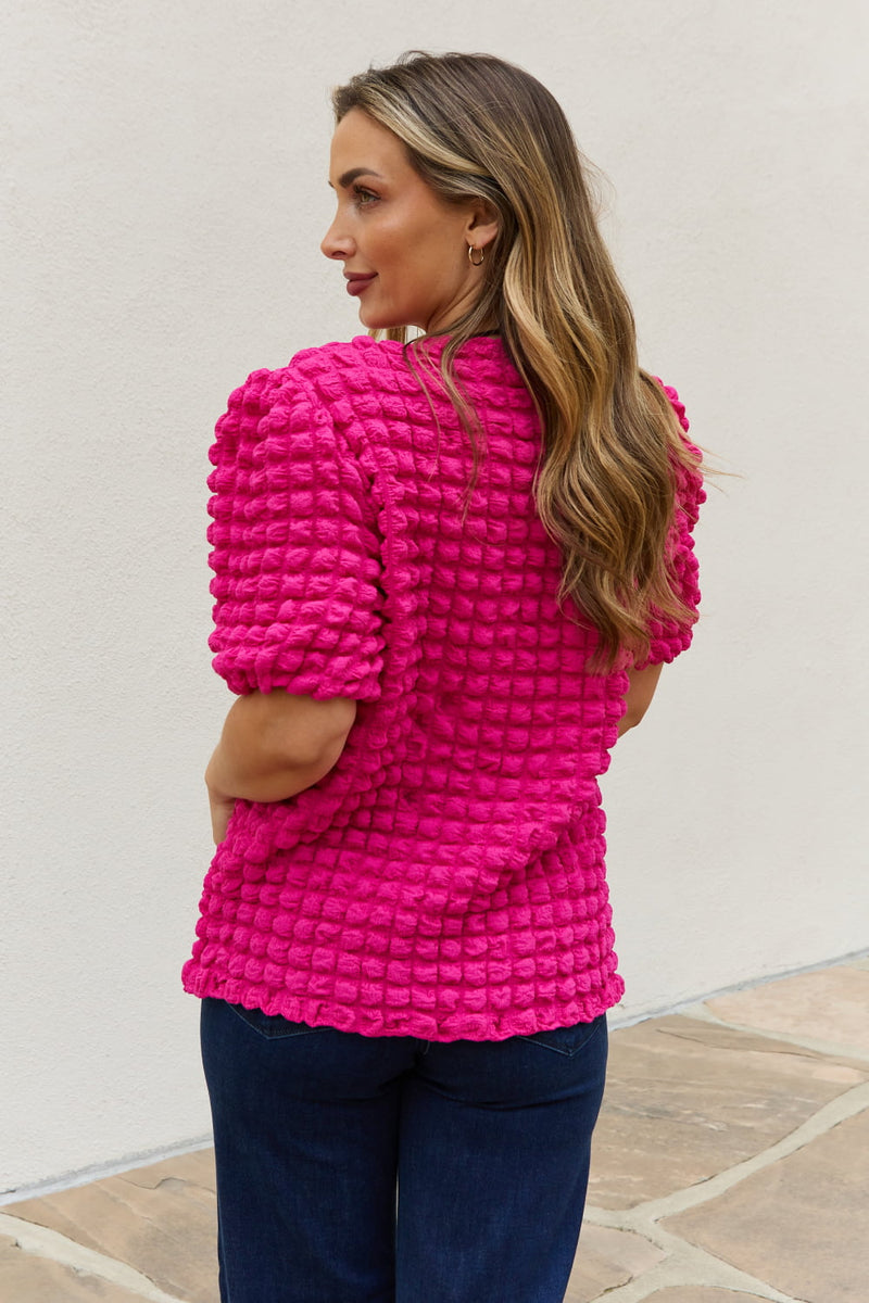 Iris Full Size Bubble Textured Puff Sleeve Top