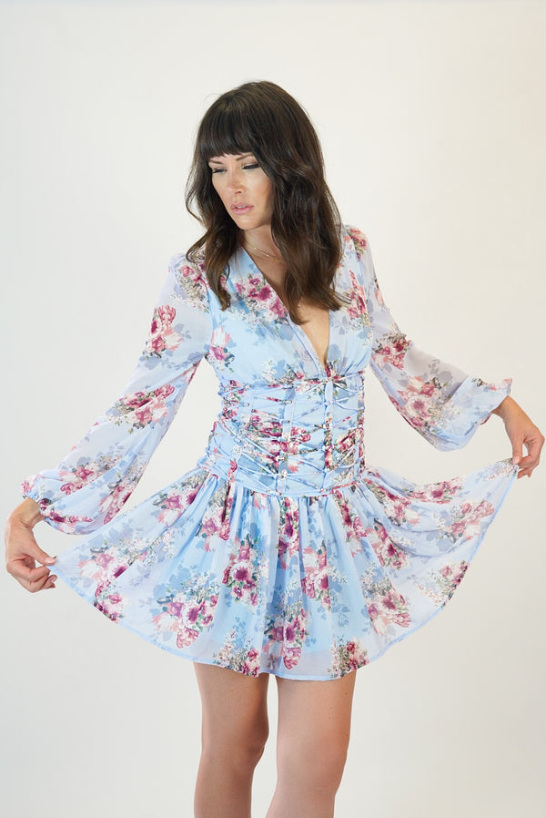 Amelia Floral Blue Corset Back Dress