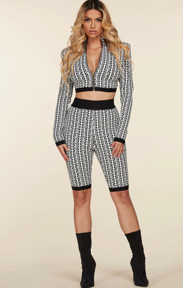 Kaisy Black and White Geometric Print Two Piece Set