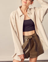 Julia Leather Shirt Jacket in Brown/Ivory color