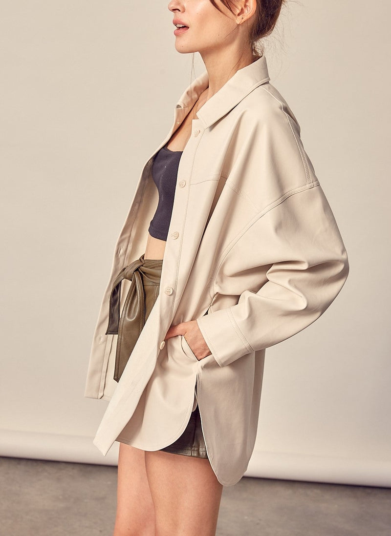 Julia Leather Shirt Jacket in Brown/Ivory color