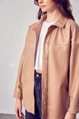 Julia Leather Shirt Jacket in Brown/Ivory color