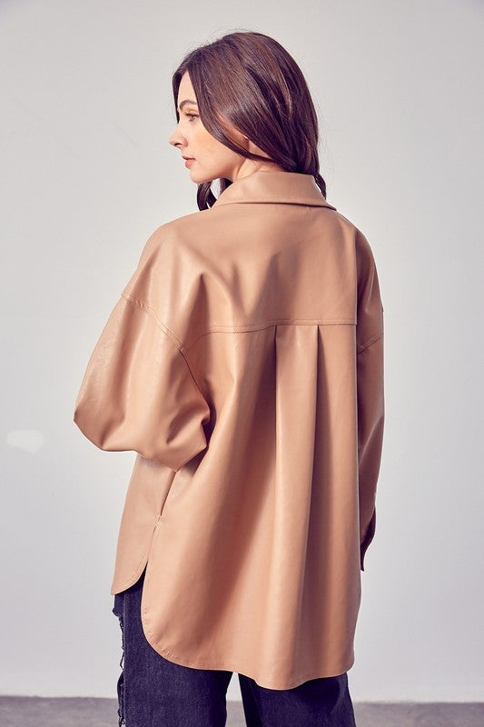 Julia Leather Shirt Jacket in Brown/Ivory color