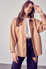 Julia Leather Shirt Jacket in Brown/Ivory color
