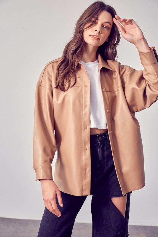 Julia Leather Shirt Jacket in Brown/Ivory color