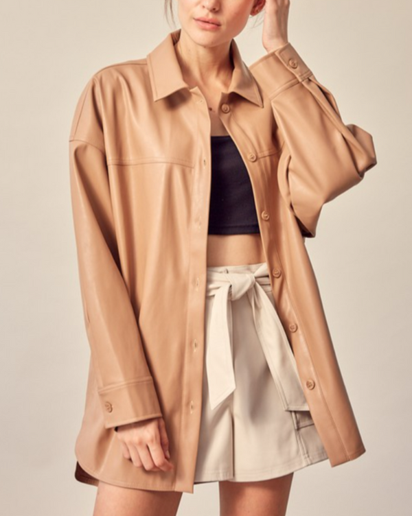 Julia Leather Shirt Jacket in Brown/Ivory color