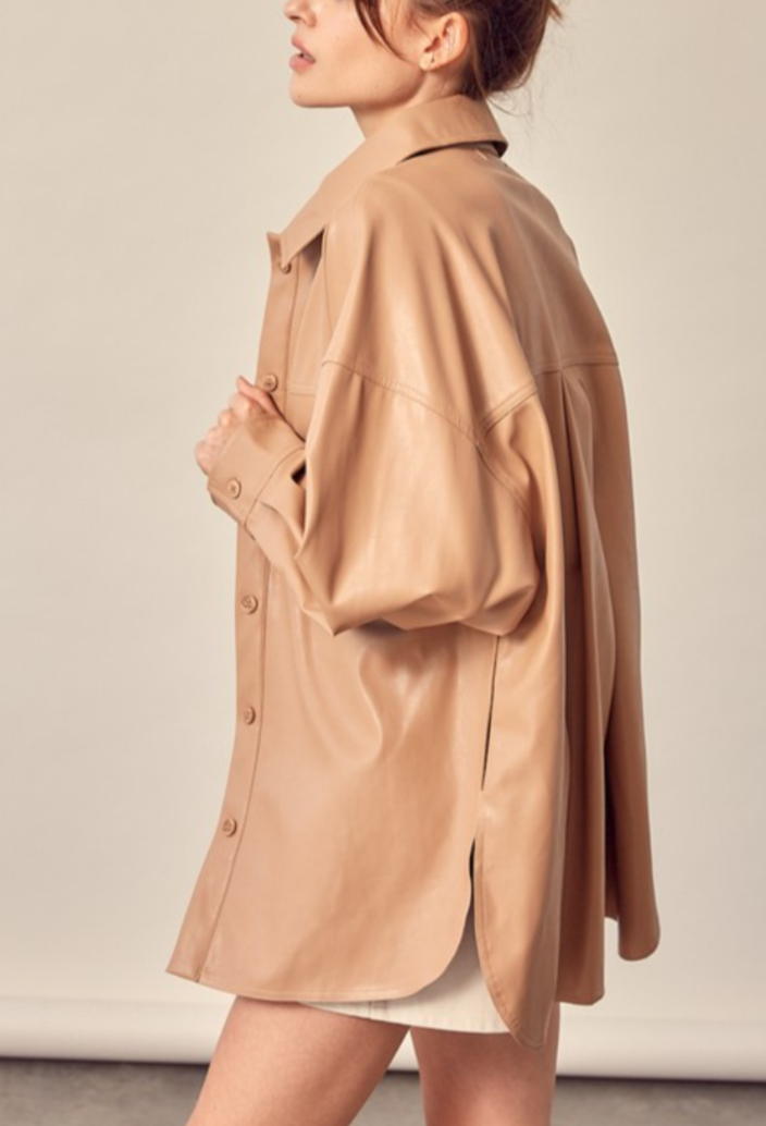 Julia Leather Shirt Jacket in Brown/Ivory color