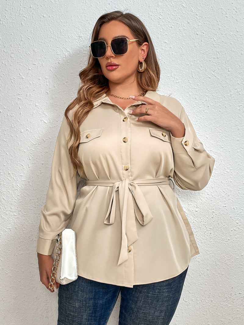 Dulce Plus Size Tie Belt Long Sleeve Shirt