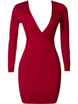 Kali Ribbed Deep V Long Sleeve Mini Bandage Dress