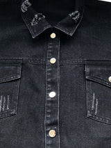 Ocean Raw Hem Collared Neck Long Sleeve Denim Jacket