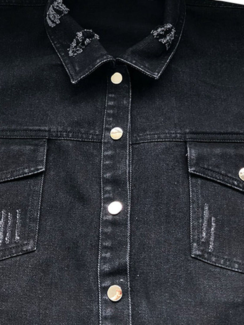 Ocean Raw Hem Collared Neck Long Sleeve Denim Jacket