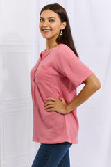 Maddox Full Size 1/4 Button Down Waffle Top in Coral
