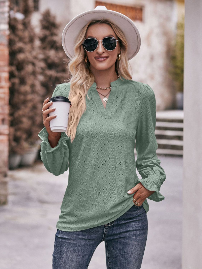 Sylvie Notched Neck Flounce Sleeve Blouse
