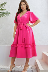 Destiny Belted Frill Trim Flutter Sleeve Dress