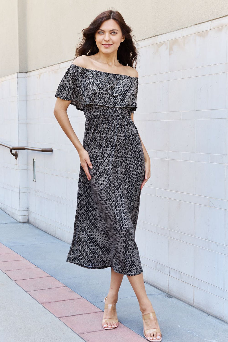 Lucia Geometric Pattern Off The Shoulder Midi Dress in Black