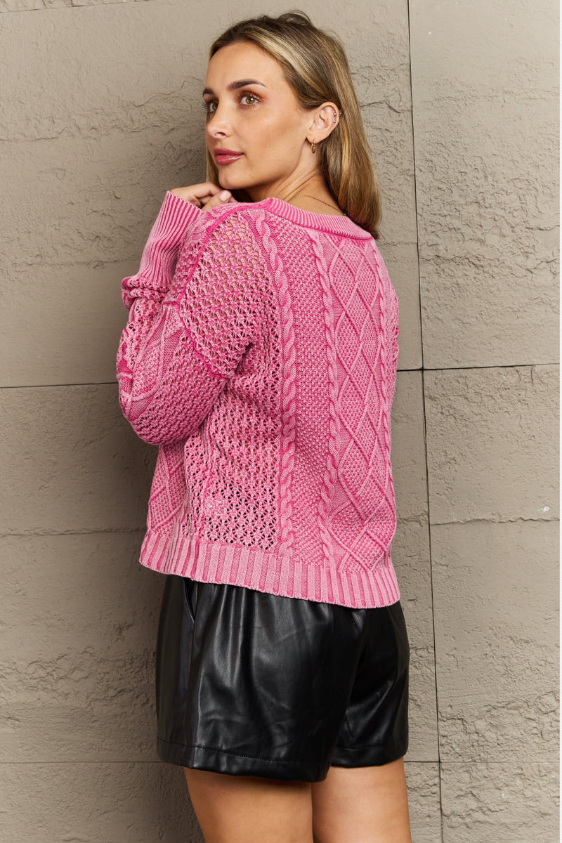 Heather Soft Focus Full Size Wash Cable Knit Cardigan in Fuchsia