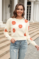 Adelaide Flower Pattern Round Neck Short Sleeve Pullover Sweater