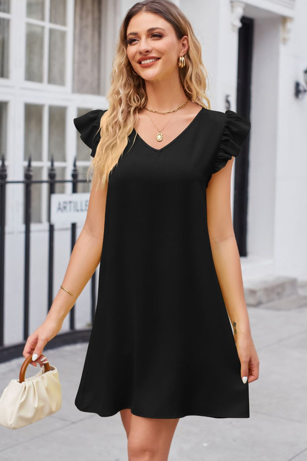 Zora Ruffled V-Neck Flutter Sleeve Dress
