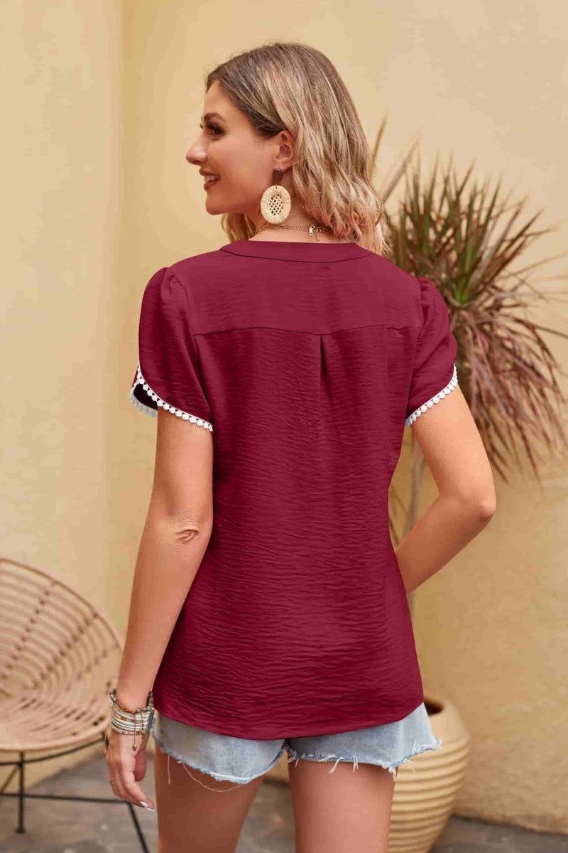 Clementine Contrast Trim Pom-Pom Detail Notched Neck Blouse