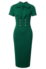 Alessandra Round Neck Tie Front Short Sleeve Buttoned Dress