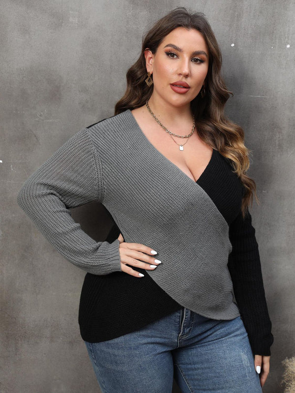 Winter Plus Size Two-Tone Surplice Neck Sweater