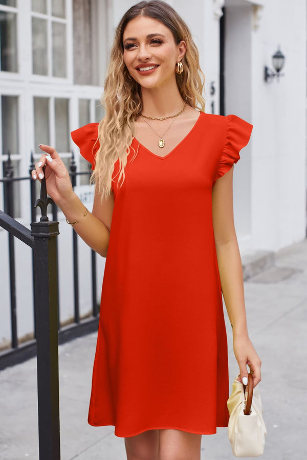 Zora Ruffled V-Neck Flutter Sleeve Dress