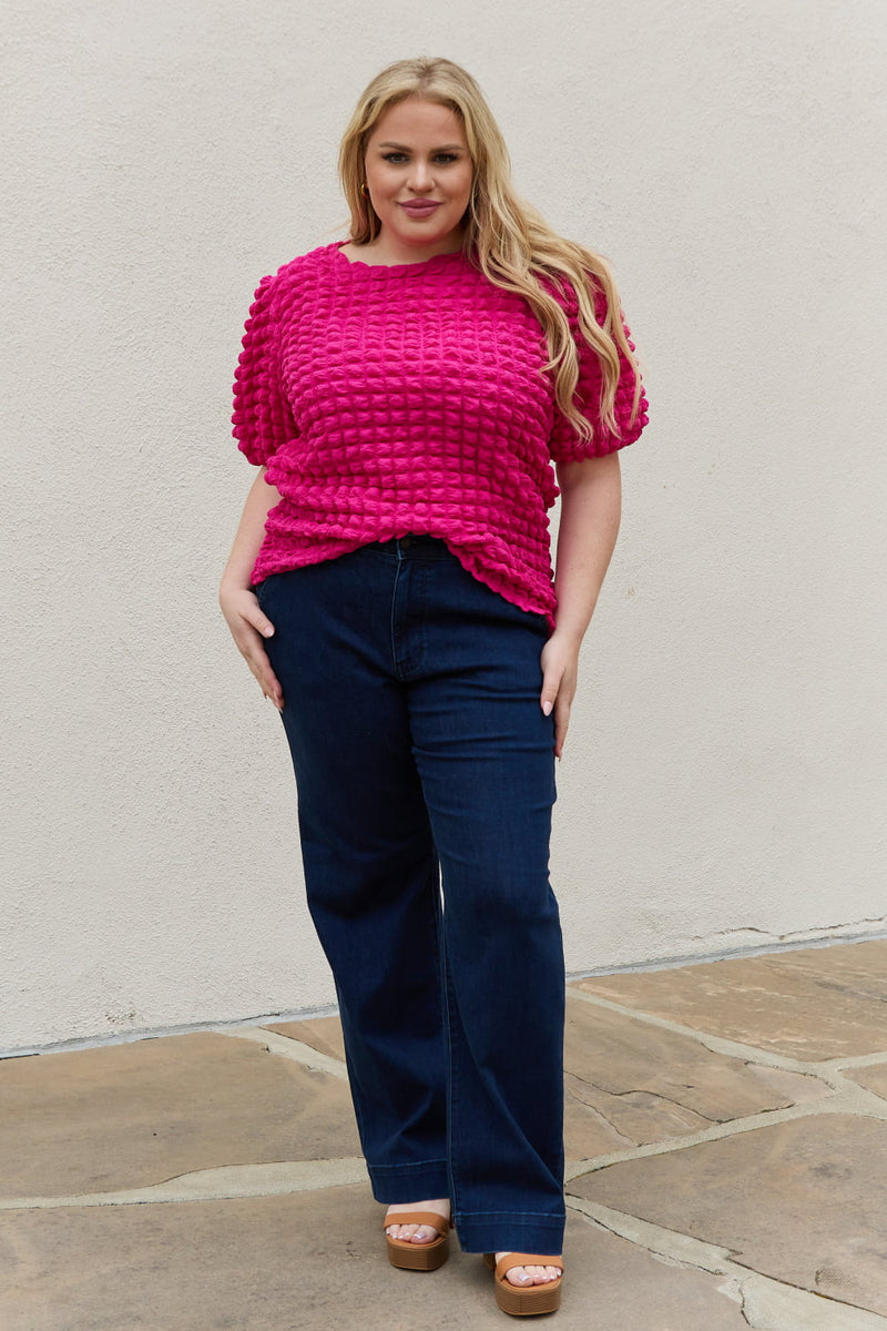 Iris Full Size Bubble Textured Puff Sleeve Top