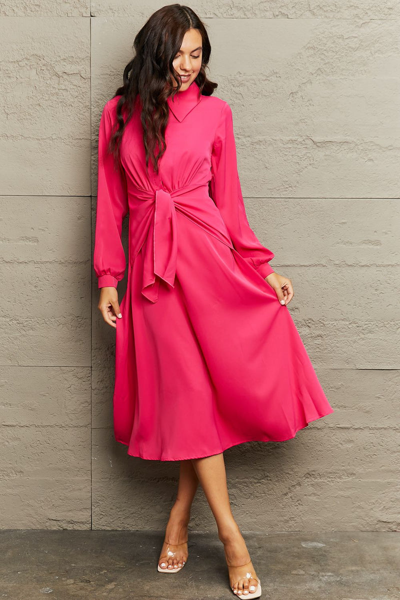 Opal Collared Neck Long Sleeve Twisted Midi Dress