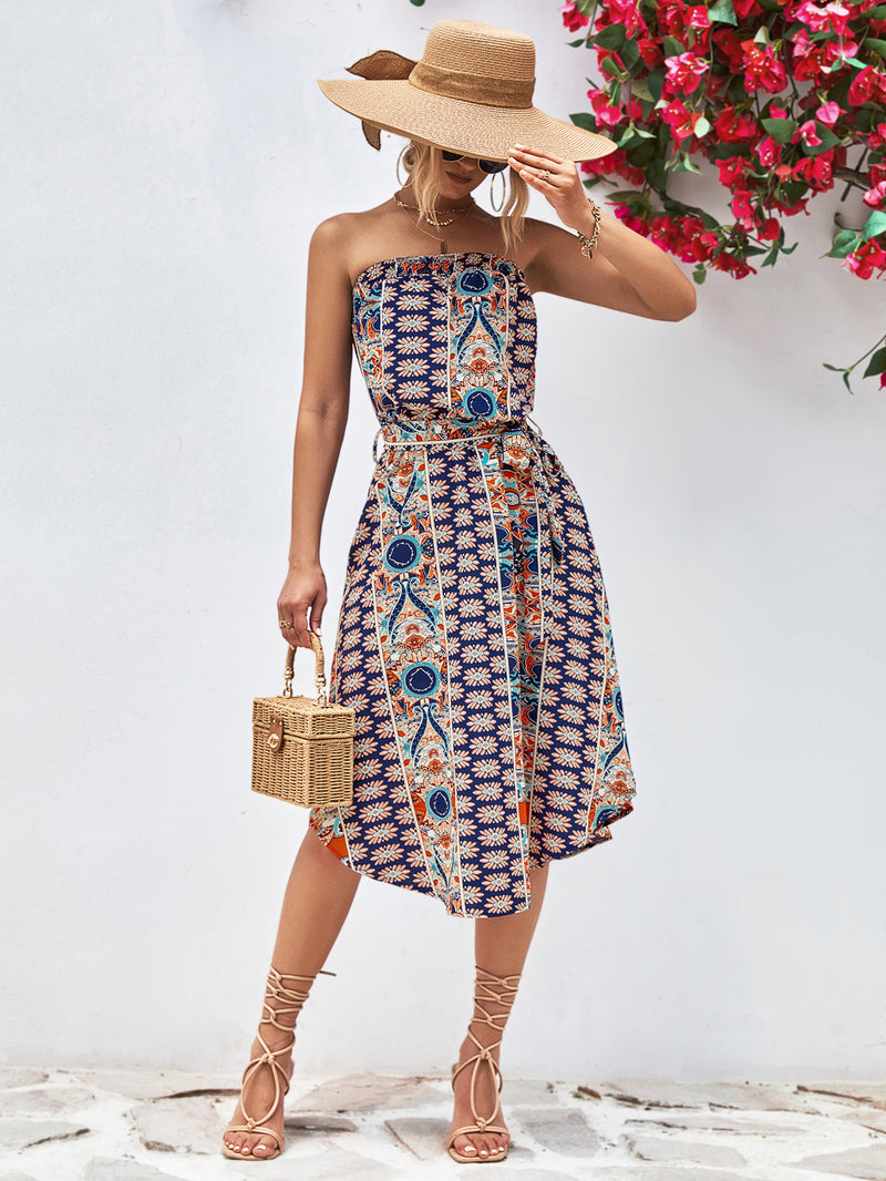 Tiana Printed Strapless Tie Belt Dress