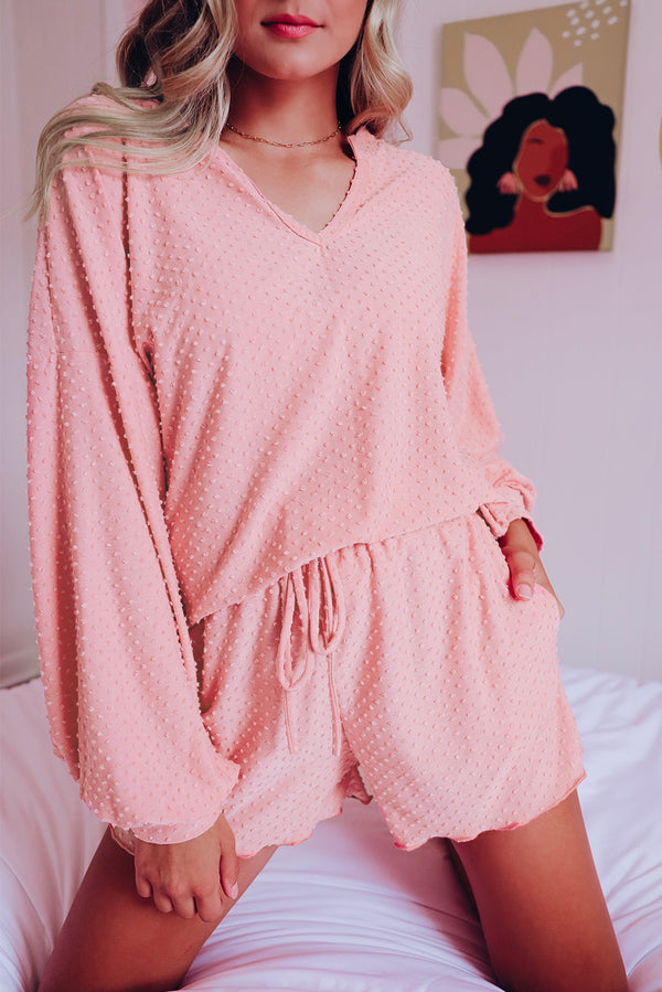Laurene Notched Neck Swissdot Dropped Shoulder Top and Tie Waist Shorts Set
