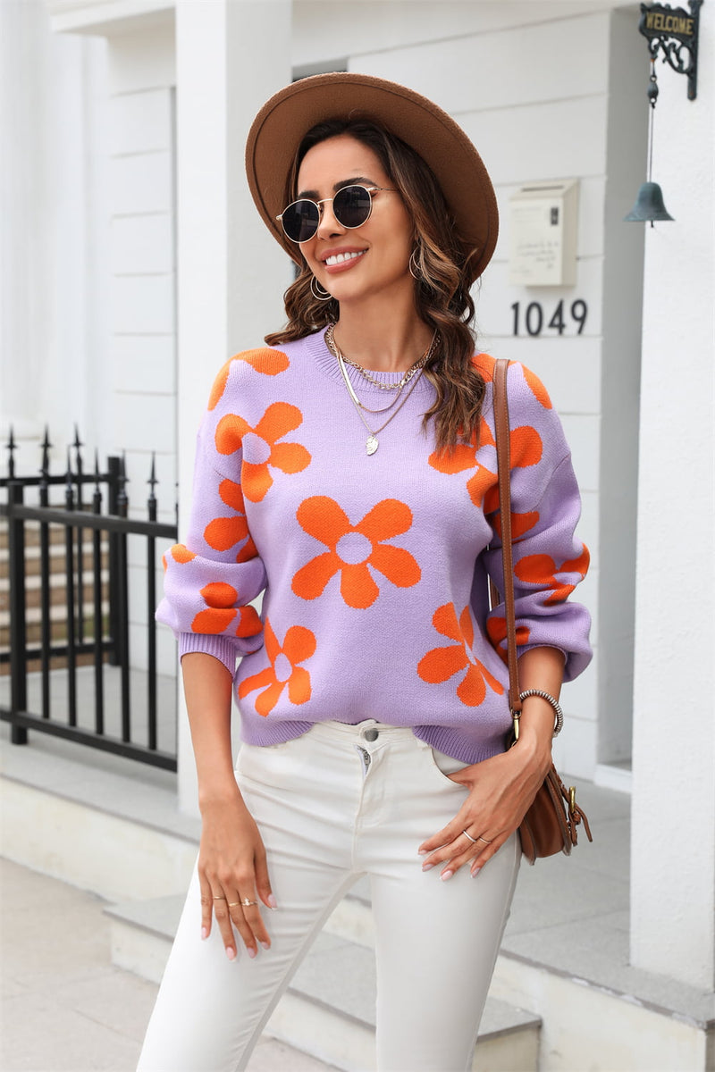 Flora Print Round Neck Dropped Shoulder Pullover Sweater