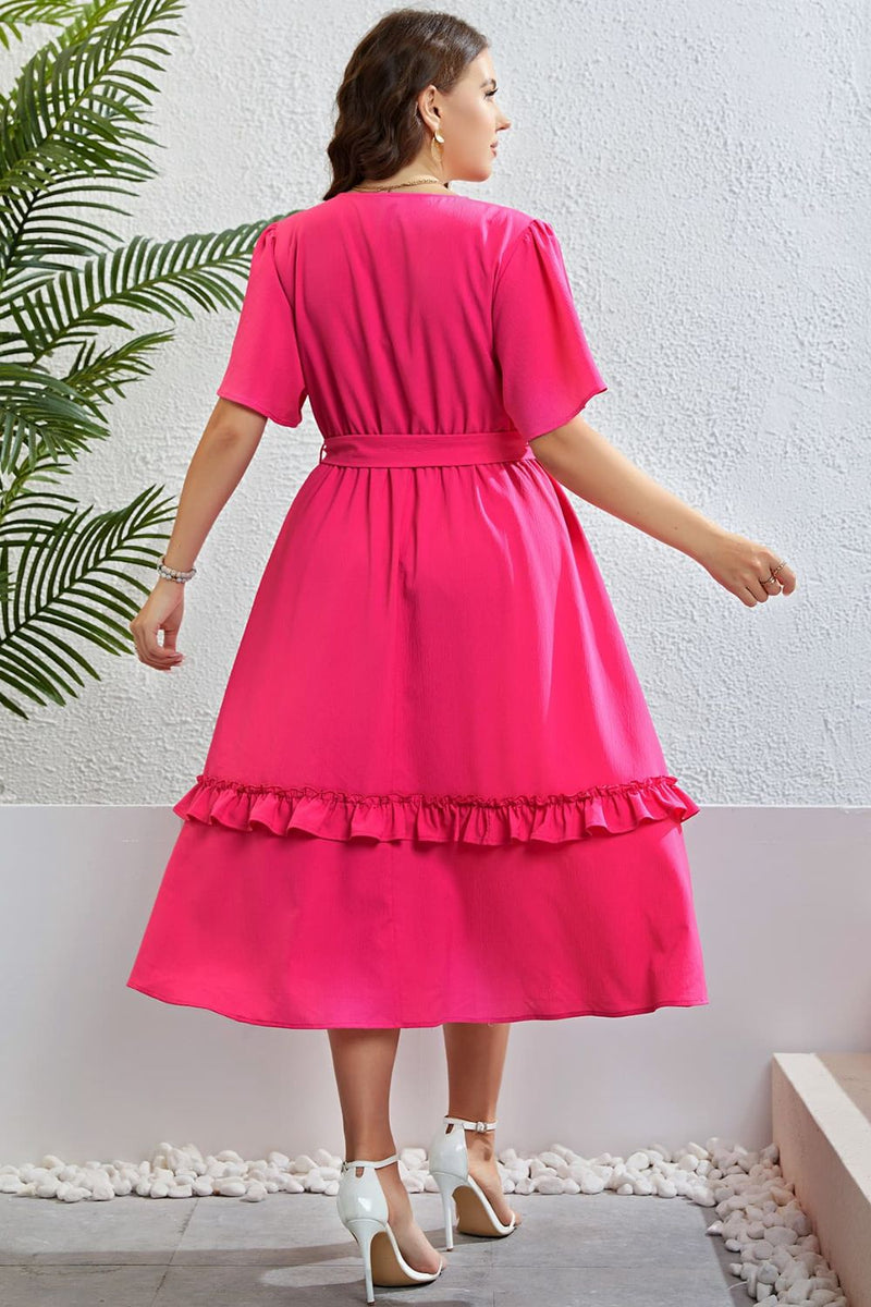 Destiny Belted Frill Trim Flutter Sleeve Dress