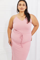 Felicity Full Size Ribbed Front Tie Midi Dress in Blush Pink
