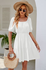 Judith Ruched Square Neck Puff Sleeve Mini Dress