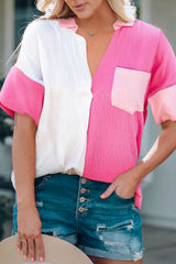 Virginia Color Block Textured Johnny Collar Blouse