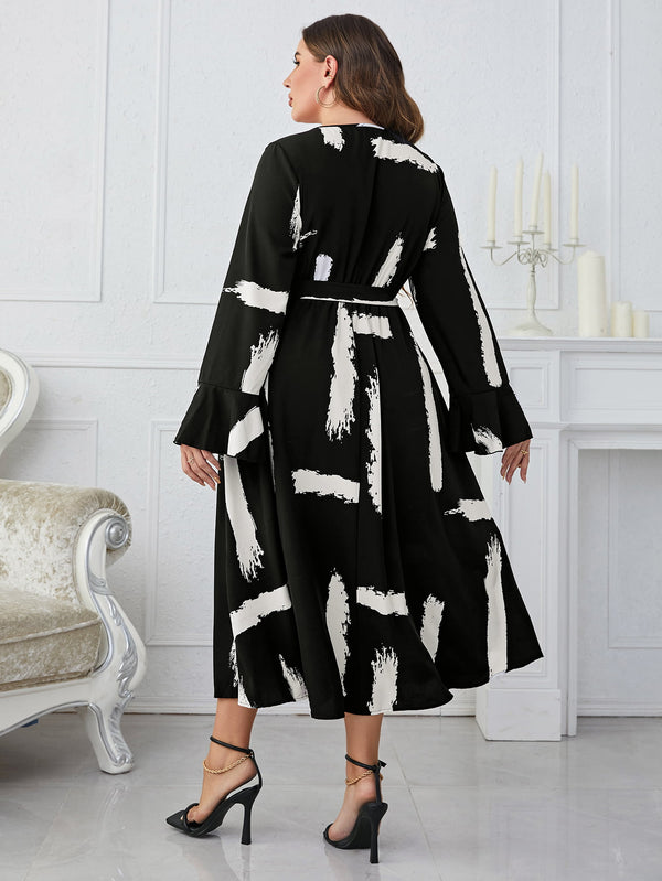 Aleah Plus Size Printed Tie Belt Flare Sleeve Round Neck Midi Dress