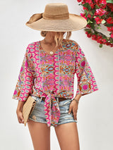 Jordan Tie Hem V-Neck Three-Quarter Sleeve Blouse