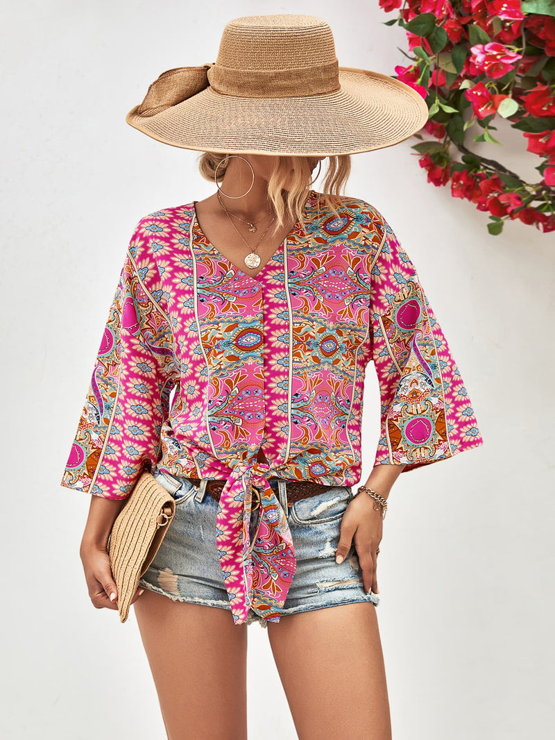 Jordan Tie Hem V-Neck Three-Quarter Sleeve Blouse