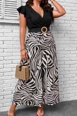Elliott Plus Size Printed Surplice Neck Wide Leg Jumpsuit
