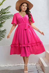 Destiny Belted Frill Trim Flutter Sleeve Dress