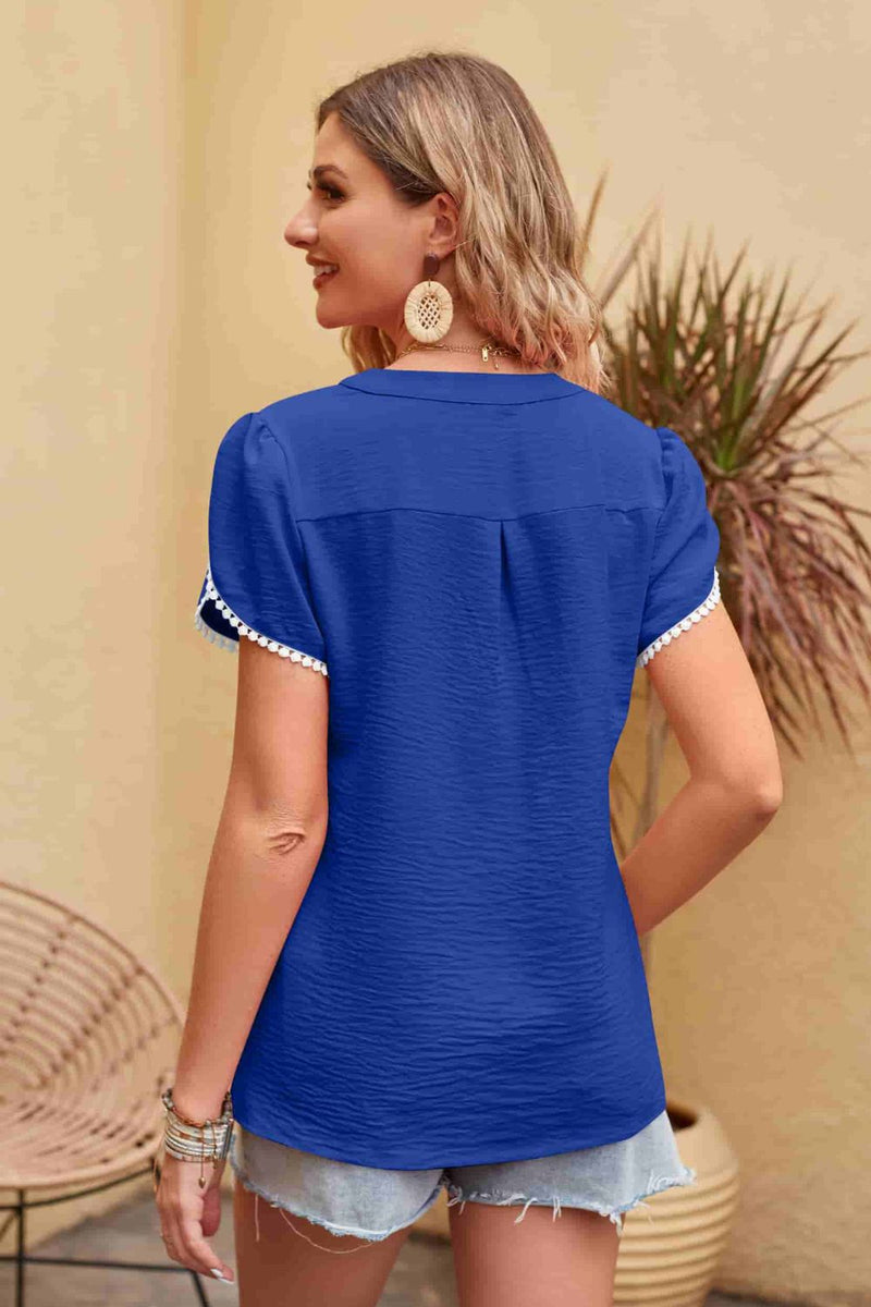 Clementine Contrast Trim Pom-Pom Detail Notched Neck Blouse