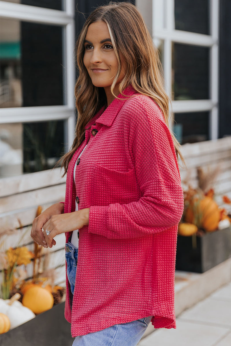 Saige Waffle-Knit Collared Neck Dropped Shoulder Shirt