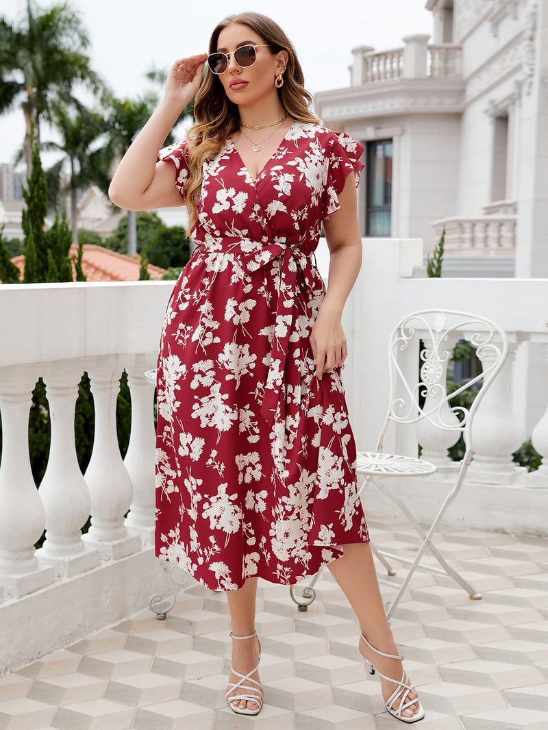 Michaela Plus Size Floral Tie Waist Surplice Neck Midi Dress