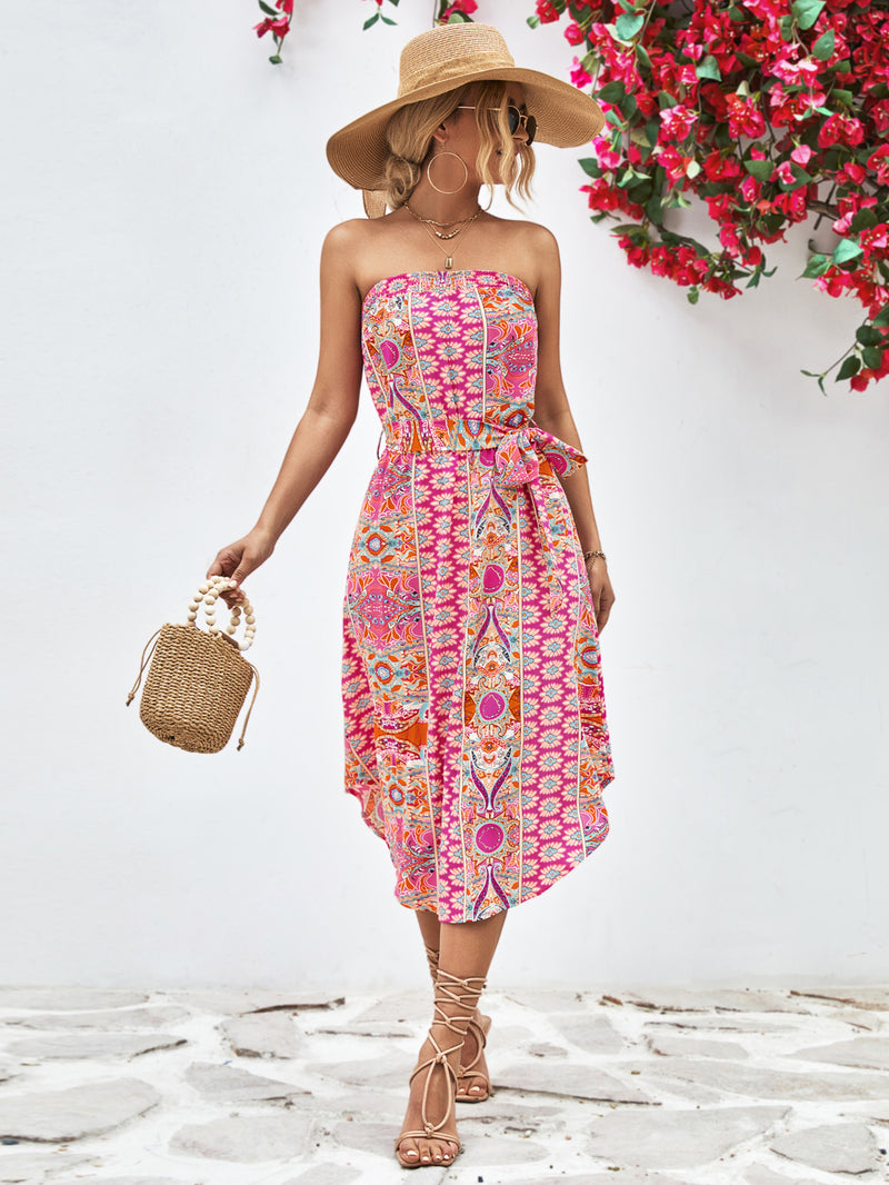 Tiana Printed Strapless Tie Belt Dress