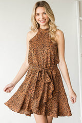 Zuri Full Size Leopard Belted Sleeveless Dress
