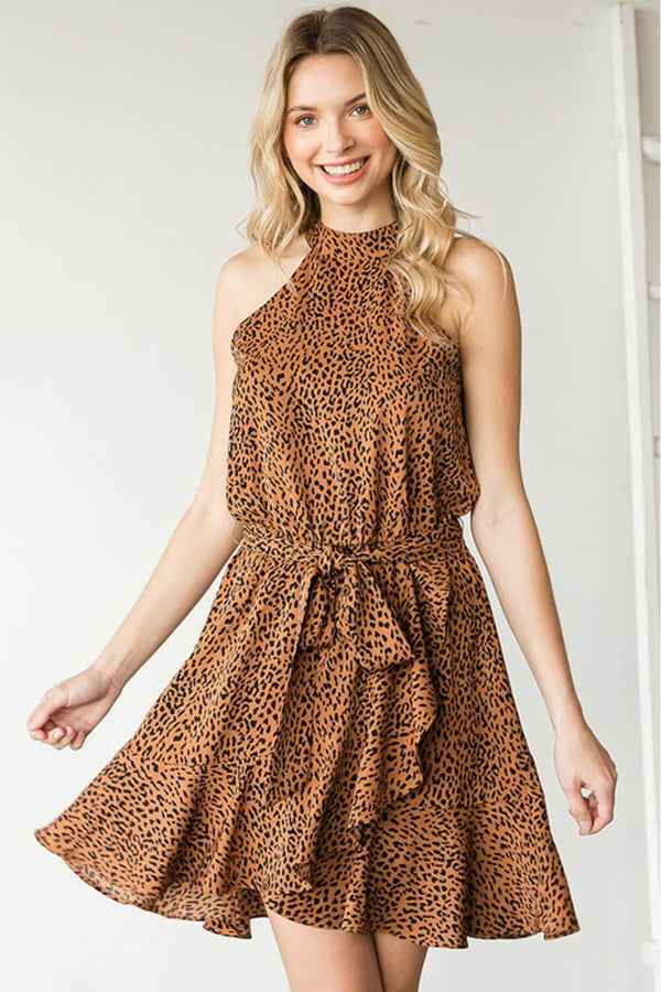 Zuri Full Size Leopard Belted Sleeveless Dress