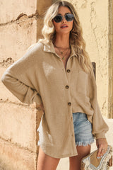 Saige Waffle-Knit Collared Neck Dropped Shoulder Shirt
