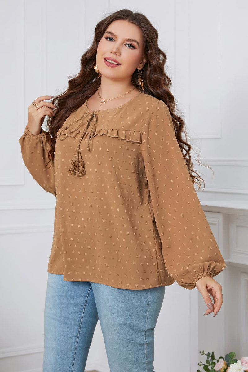 Marceline Plus Size Swiss Dot Frill Trim Round Neck Blouse