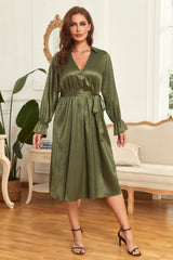 Janella Plus Size Surplice Neck Tie Belt Flounce Sleeve Midi Dress
