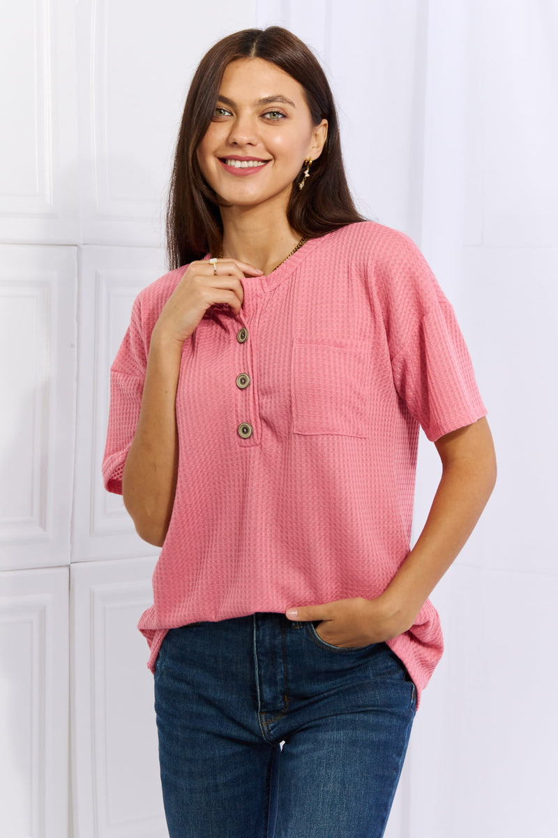 Maddox Full Size 1/4 Button Down Waffle Top in Coral